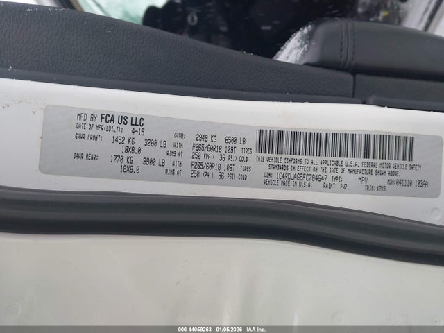 Продажа на аукционе авто 2015 Dodge Durango Sxt, vin: 1C4RDJAG5FC784647, номер лота: 44059263