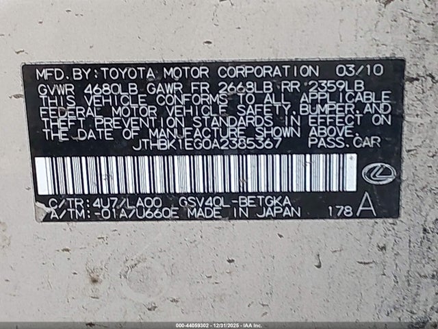 44059302 :رقم المزاد ، JTHBK1EG0A2385367 vin ، 2010 Lexus Es 350 مزاد بيع