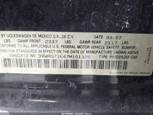 2007 Volkswagen Jetta 2.5 მანქანა იყიდება აუქციონზე, vin: 3VWRG71K47M151326, აუქციონის ნომერი: 44059469