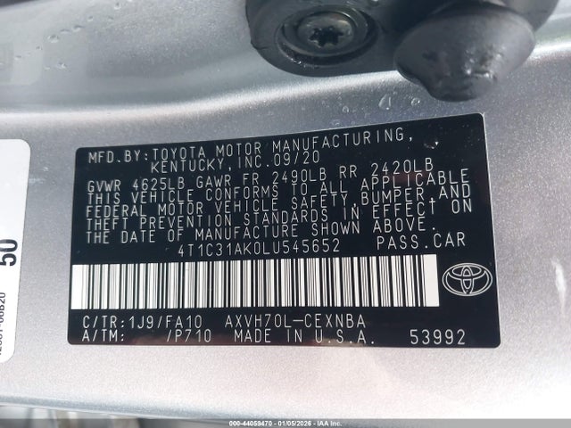 Toyota Camry Le Hybrid 2020 4T1C31AK0LU545652 Image 9