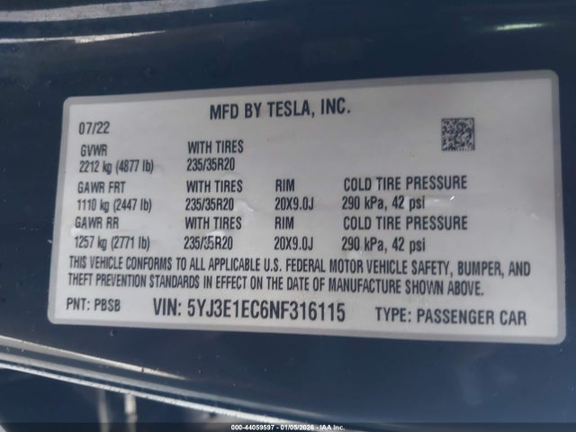2022 TESLA MODEL 3 5YJ3E1EC6NF316115 Photo 8