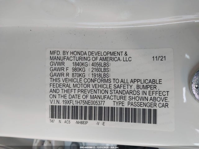 Honda Civic Ex-l 2022 19XFL1H75NE005377 Image 9
