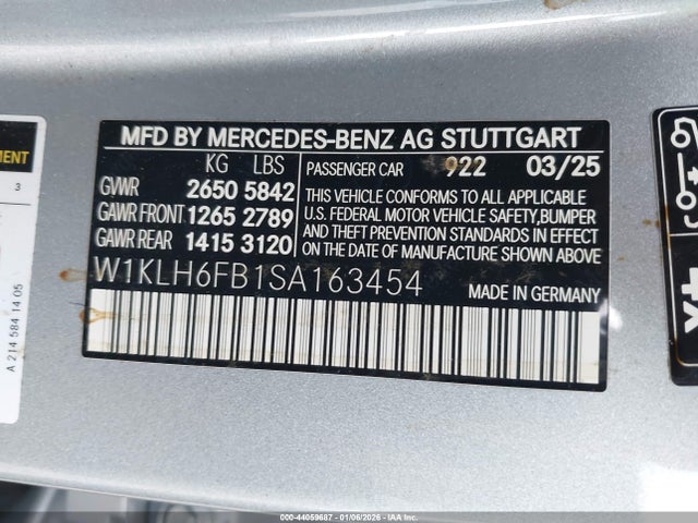 2025 Mercedes-benz E 450 4matic მანქანა იყიდება აუქციონზე, vin: W1KLH6FB1SA163454, აუქციონის ნომერი: 44059687