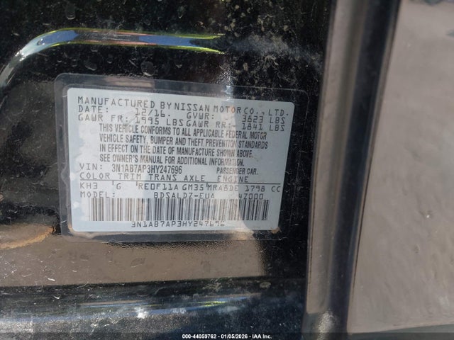 2017 Nissan Sentra Sv მანქანა იყიდება აუქციონზე, vin: 3N1AB7AP3HY247696, აუქციონის ნომერი: 44059762