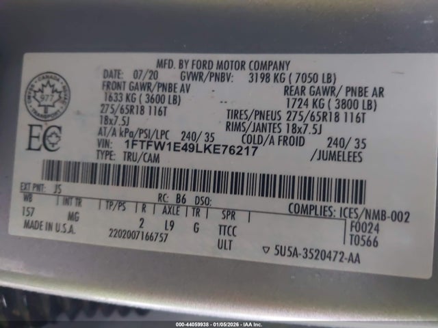 2020 FORD F-150 1FTFW1E49LKE76217 Photo 8