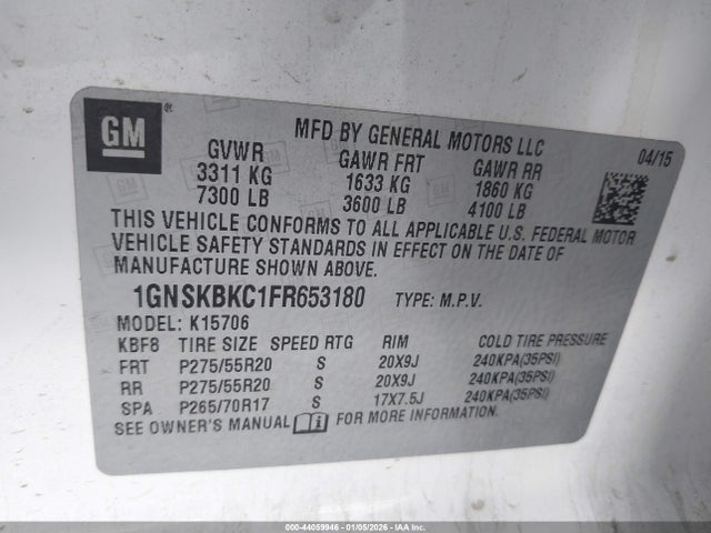 1GNSKBKC1FR653180 Chevrolet Tahoe Lt