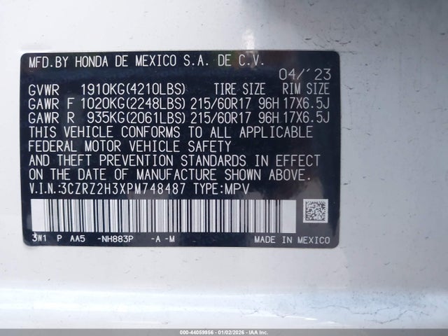 3CZRZ2H3XPM748487 Honda Hr-v Awd Lx