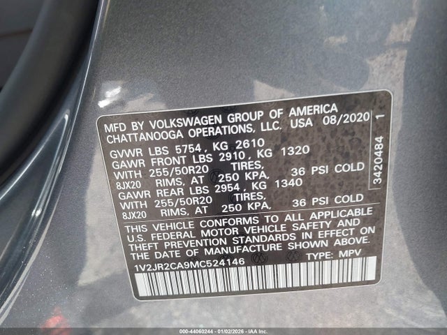 Продаж на аукціоні авто 2021 Volkswagen Atlas 3.6l V6 Se W/technology, vin: 1V2JR2CA9MC524146, номер лоту: 44060244