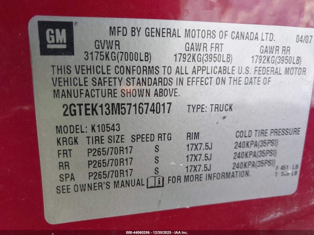 Продажа на аукционе авто 2007 Gmc Sierra 1500 Slt, vin: 2GTEK13M571674017, номер лота: 44060286