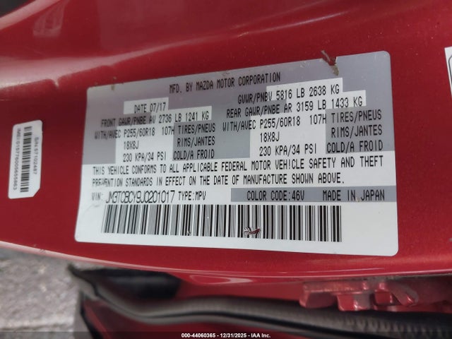 2018 Mazda Cx-9 Touring მანქანა იყიდება აუქციონზე, vin: JM3TCBCY9J0201017, აუქციონის ნომერი: 44060365