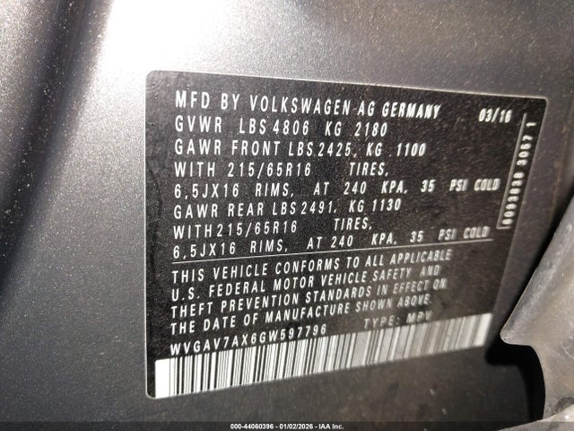 WVGAV7AX6GW597796 Volkswagen TIGUAN S