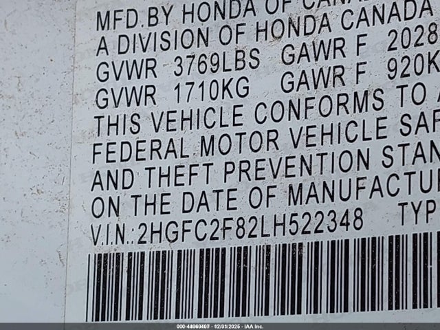 44060407 :رقم المزاد ، 2HGFC2F82LH522348 vin ، 2020 Honda Civic Sport مزاد بيع