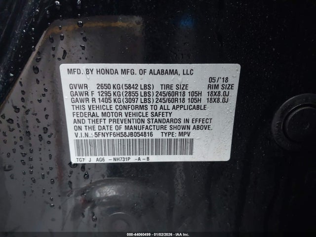 5FNYF6H58JB054816 Honda Pilot Ex-l