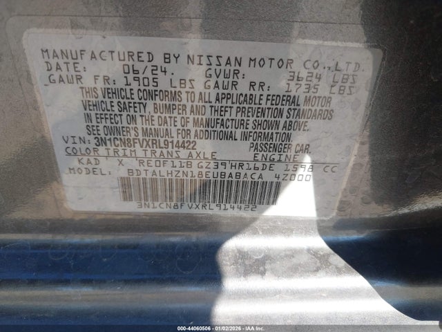 44060506 :رقم المزاد ، 3N1CN8FVXRL914422 vin ، 2024 Nissan Versa 1.6 Sr مزاد بيع