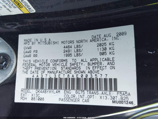 Продаж на аукціоні авто 2010 Mitsubishi Eclipse Spyder Gt, vin: 4A37L3ET8AE003577, номер лоту: 44060585