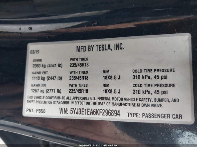 2019 TESLA MODEL 3 5YJ3E1EA6KF296894 Photo 8