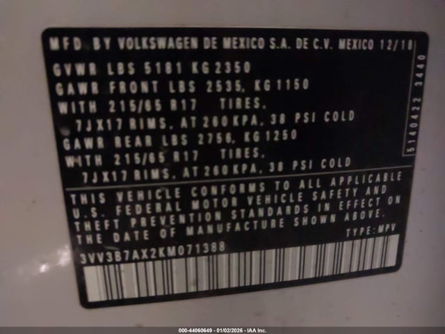 2019 VOLKSWAGEN TIGUAN 3VV3B7AX2KM071388 Photo 8
