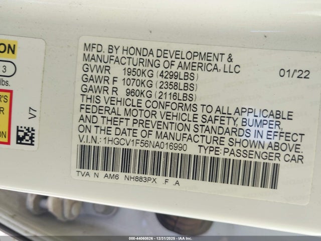1HGCV1F56NA016990 Honda Accord Ex-l