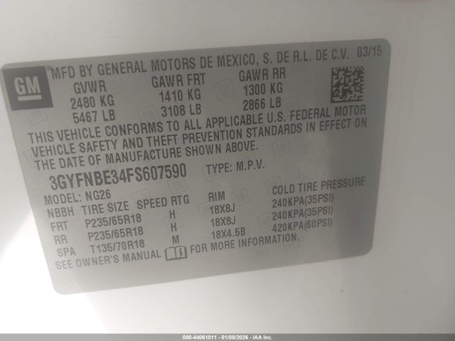 44061011 :رقم المزاد ، 3GYFNBE34FS607590 vin ، 2015 Cadillac Srx Luxury Collection مزاد بيع