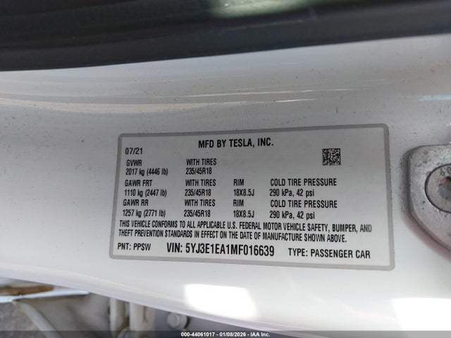 2021 TESLA MODEL 3 5YJ3E1EA1MF016639 Photo 8