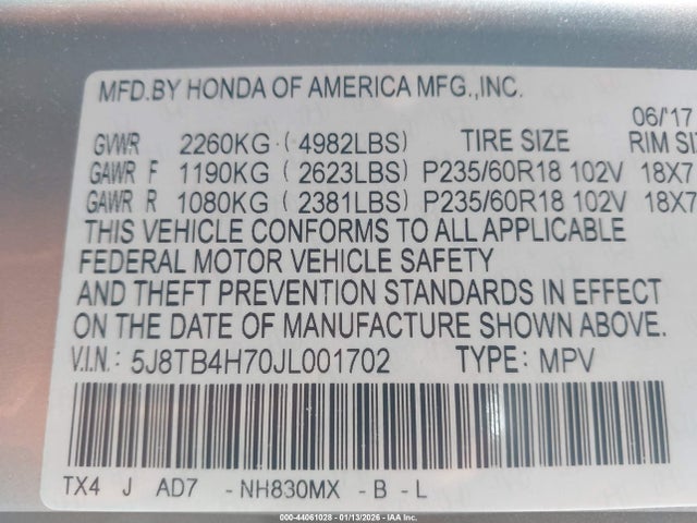 Продаж на аукціоні авто 2018 Acura Rdx Advance Package, vin: 5J8TB4H70JL001702, номер лоту: 44061028