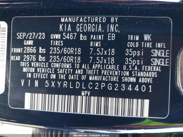 2023 Kia Sorento X-line S მანქანა იყიდება აუქციონზე, vin: 5XYRLDLC2PG234401, აუქციონის ნომერი: 44061054