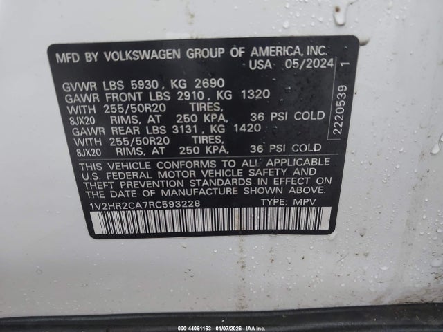 2024 Volkswagen Atlas 2.0t Se W/technology მანქანა იყიდება აუქციონზე, vin: 1V2HR2CA7RC593228, აუქციონის ნომერი: 44061163