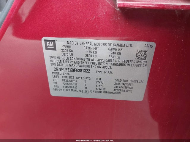 Aukcja sprzedaży 2015 Chevrolet Equinox 1lt, vin: 2GNFLFEK9F6381322, numer aukcji: 44061183