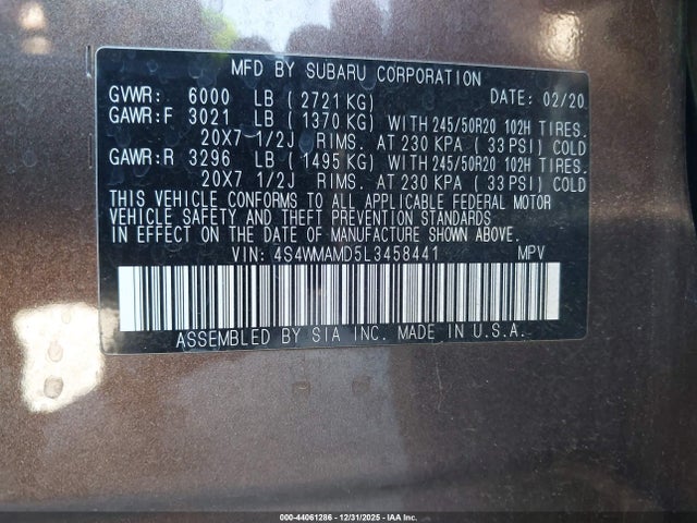 44061286 :رقم المزاد ، 4S4WMAMD5L3458441 vin ، 2020 Subaru Ascent Limited مزاد بيع