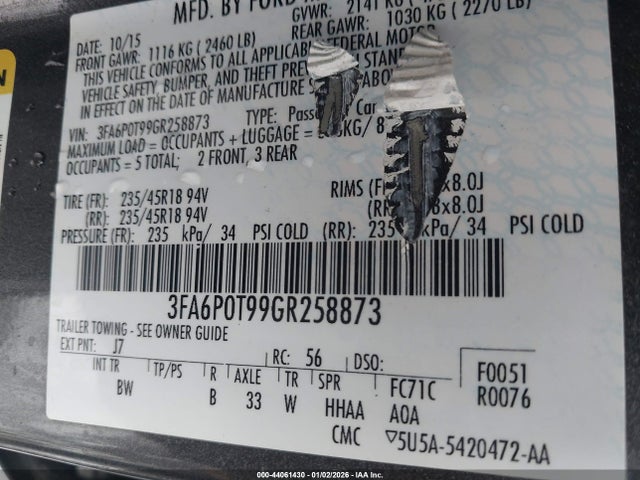 Ford FUSION SE 2016 3FA6P0T99GR258873 Image 9
