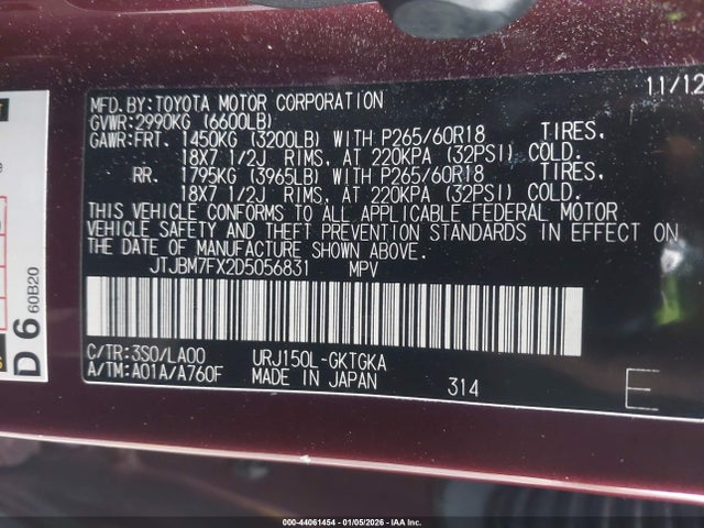 44061454 :رقم المزاد ، JTJBM7FX2D5056831 vin ، 2013 Lexus Gx 460 مزاد بيع