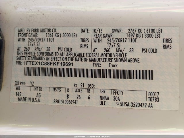 44061511 :رقم المزاد ، 1FTEX1C88FKF19691 vin ، 2015 Ford F-150 Xl مزاد بيع