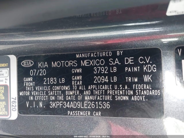 3KPF34AD9LE261536 KIA Forte Gt-line