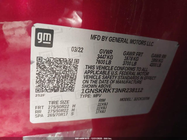 1GNSKRKT3NR238112 Chevrolet Tahoe 4wd Rst
