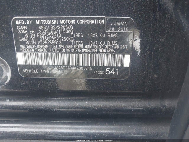 Aukcja sprzedaży 2019 Mitsubishi Outlander Es, vin: JA4AD2A34KZ003845, numer aukcji: 44061820