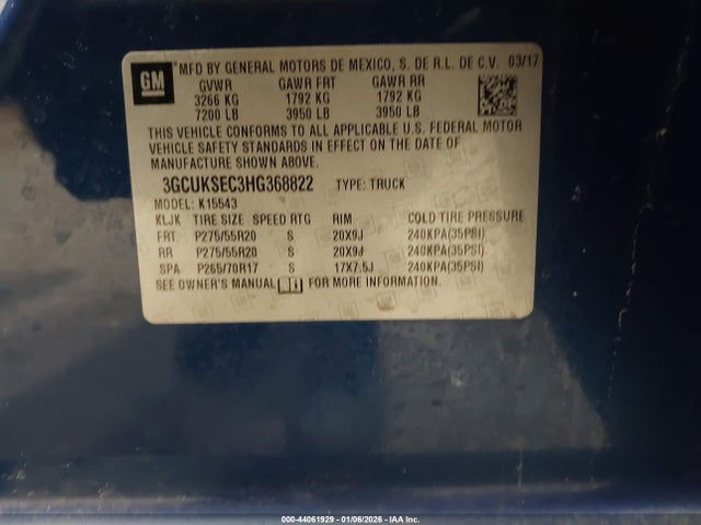3GCUKSEC3HG368822 Chevrolet Silverado 1500 1lz