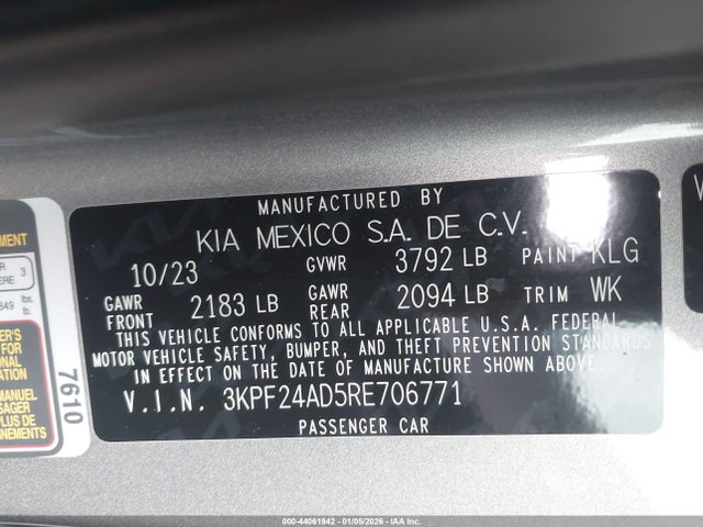 44061942 :رقم المزاد ، 3KPF24AD5RE706771 vin ، 2024 Kia Forte Lxs مزاد بيع