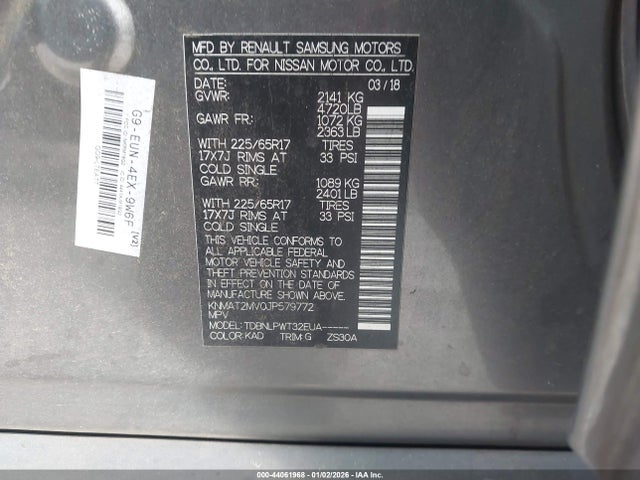 44061968 :رقم المزاد ، KNMAT2MV0JP579772 vin ، 2018 Nissan Rogue S مزاد بيع