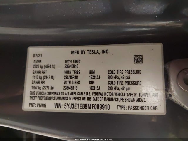 2021 TESLA MODEL 3 5YJ3E1EB8MF009910 Photo 8