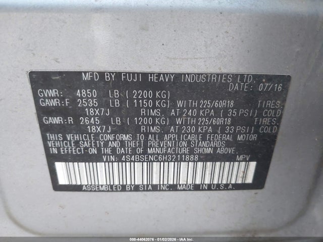 4S4BSENC6H3211888 Subaru Outback 3.6r Limited