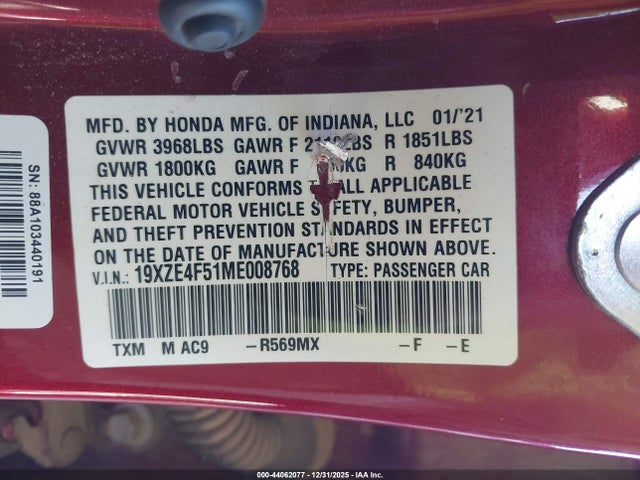 Honda INSIGHT EX 2021 19XZE4F51ME008768 Image 9