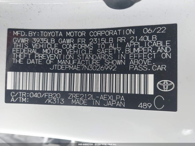 44062158 :رقم المزاد ، JTDEPMAE7N3026992 vin ، 2022 Toyota Corolla Le مزاد بيع