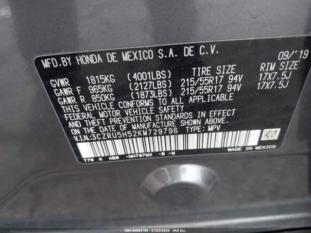 3CZRU5H52KM729796 Honda HR-V EX