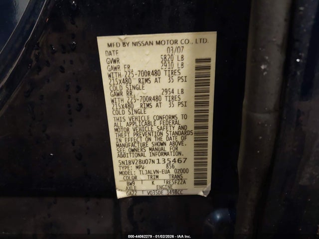 2007 NISSAN QUEST 5N1BV28U07N135467 Photo 8