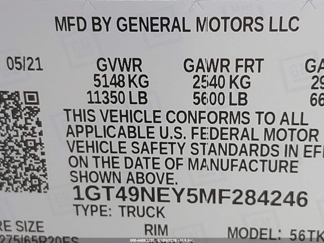 44062320 :رقم المزاد ، 1GT49NEY5MF284246 vin ، 2021 Gmc Sierra 2500hd مزاد بيع