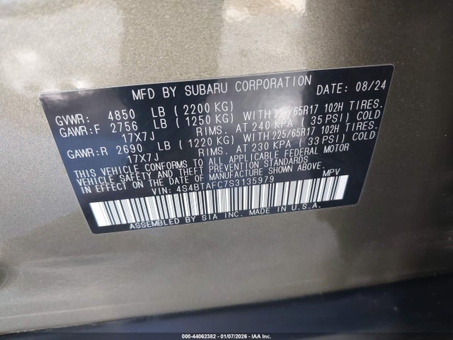 44062382 :رقم المزاد ، 4S4BTAFC7S3135979 vin ، 2025 Subaru Outback Premium مزاد بيع