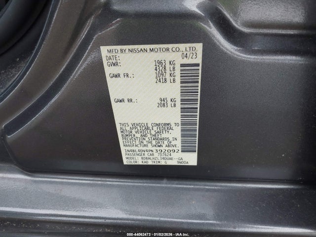 1N4BL4DV4PN392092 Nissan Altima Sv Fwd