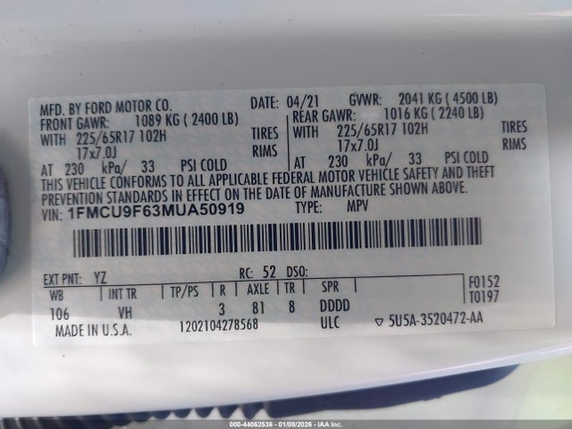 1FMCU9F63MUA50919 Ford ESCAPE S