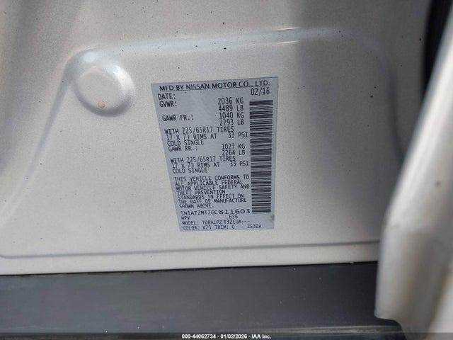 5N1AT2MT7GC811603 Nissan Rogue S/sl/sv