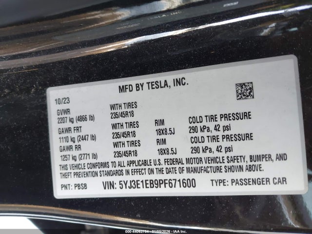 Aukcja sprzedaży 2023 Tesla Model 3 Long Range Dual Motor All-wheel Drive, vin: 5YJ3E1EB9PF671600, numer aukcji: 44062754